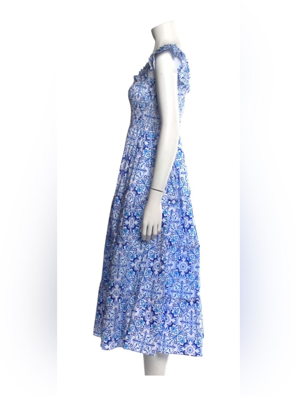 Hill House Home Blue Tile Print Smocked Midi Dress – Size Medium - Picture 8 of 16